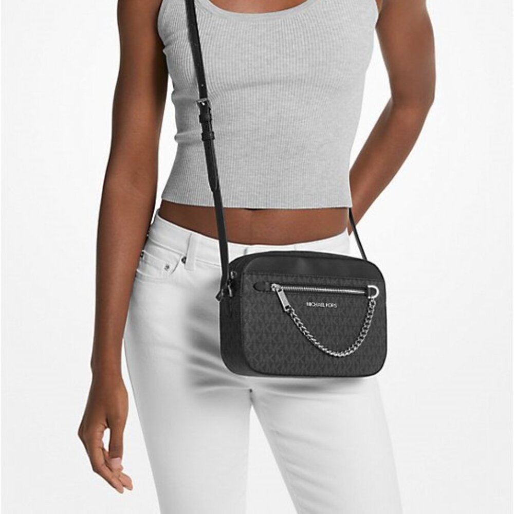 NWT Michael Kors Jet Set Large Logo Crossbody Bag Black Silver 35S1STTC9B